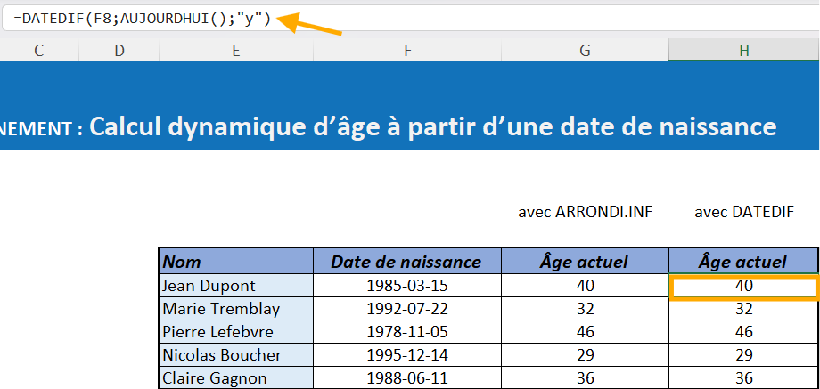 Calculer l'âge à partir d'une date de naissance dans Excel