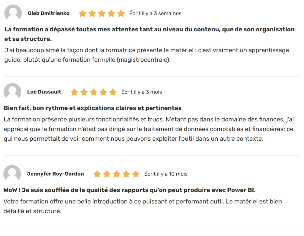 Le CFO masqué - Commentaires d'apprenants ayant suivi la formation : Power BI - Niveau 1