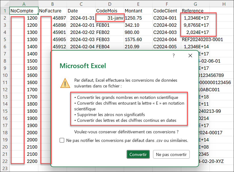 Avertissement Excel Conversions automatiques