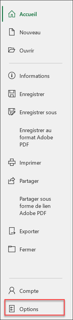 Fichier Options Excel