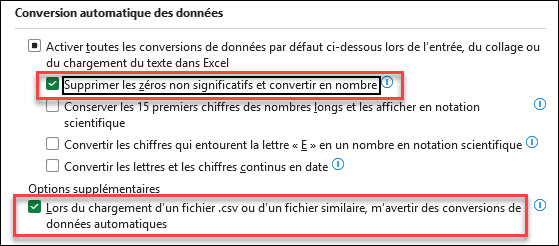 Options de conversion automatique des données