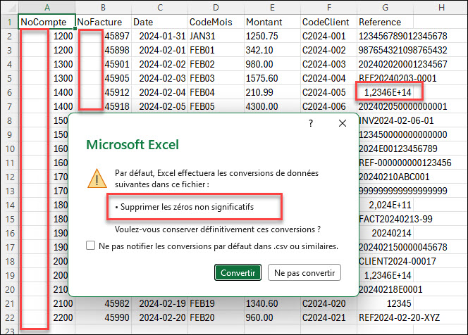 Avertissement Excel Conversions automatiques des données